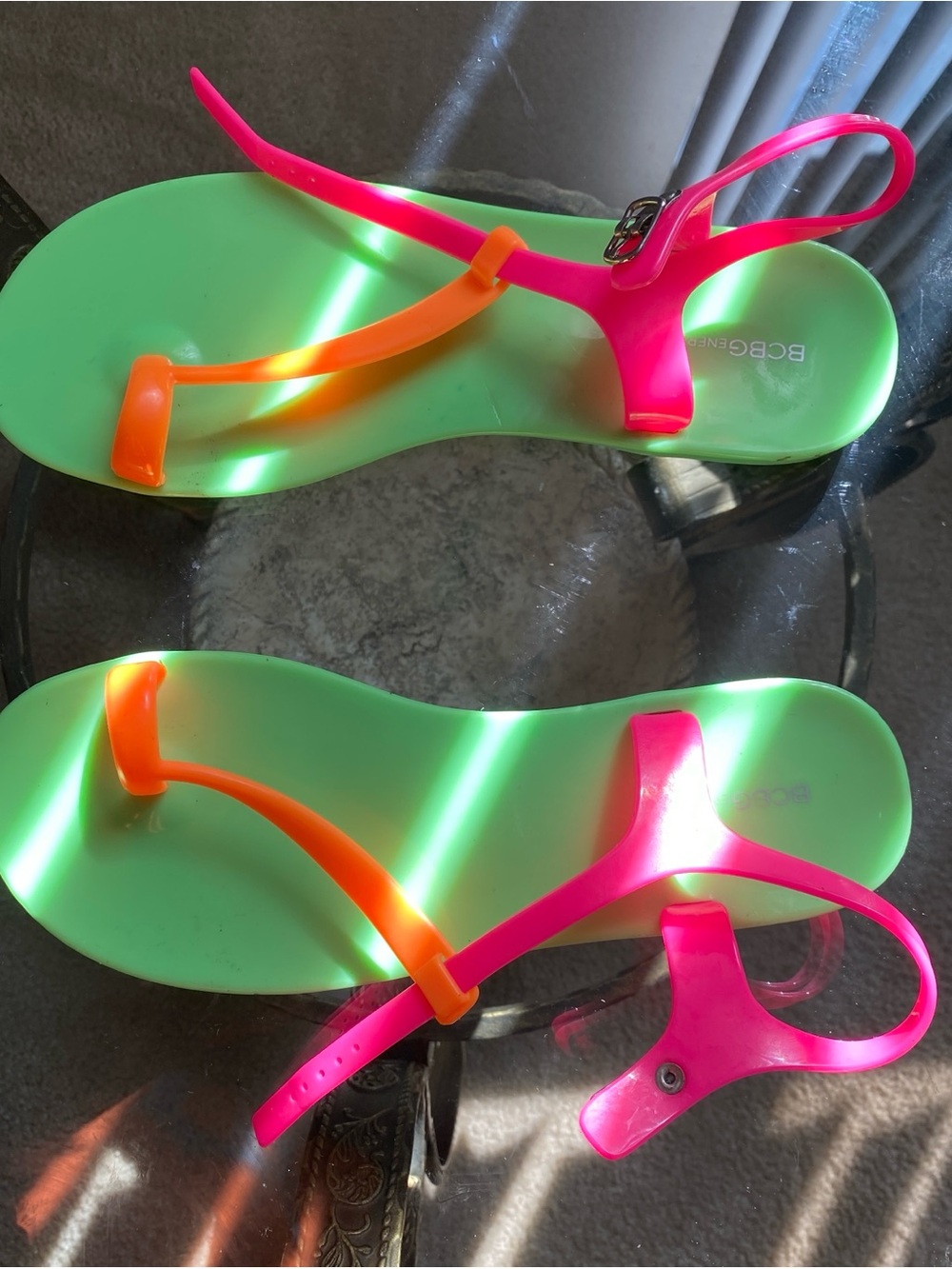 BCBG Neon Green Sandals with Pink & Orange Straps